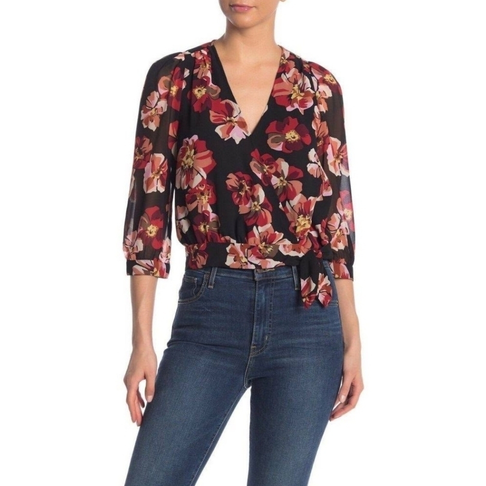 Maxwell Black Floral Wrap Tie Front Blouse Women's Size XS - Picture 12 of 12